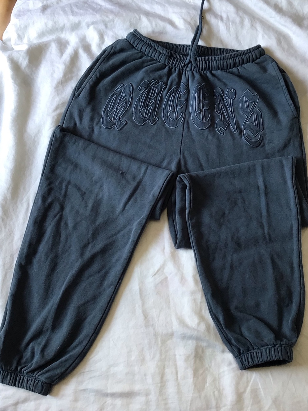 Women’s grey/blue Sweatpants with Gothic ‘Queens’ Embroidery